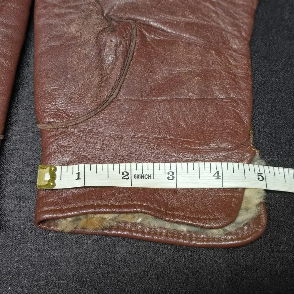 Vintage Brown Leather Quality Capeskin Gloves Rabbit Faux Fur Lining Women's Med